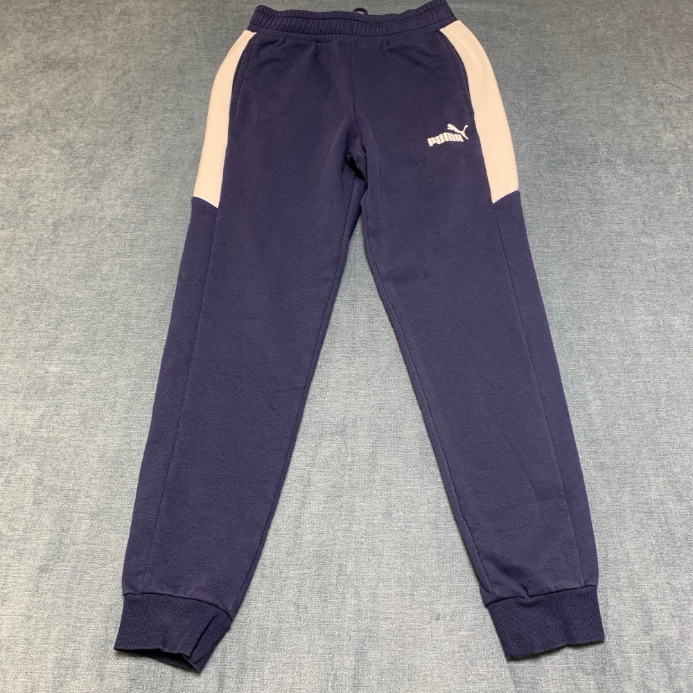 PUMA Sweatpants Mens Small Navy Blue Fleece Lined Tapered Leg Logo Drawstring